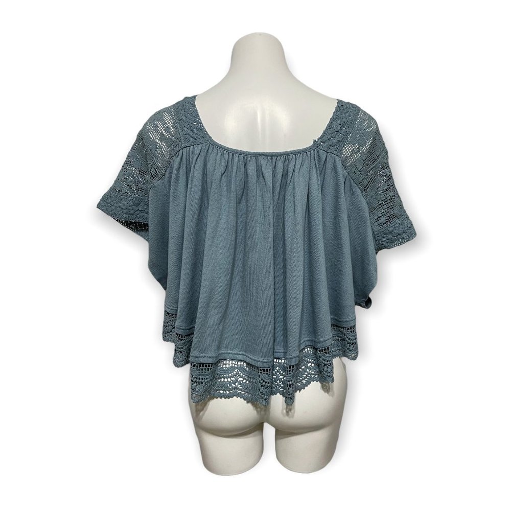 Free People Medium Prairie Days Short Sleeve Square Neck Blue Prairie Boho Top - Picture 5 of 8